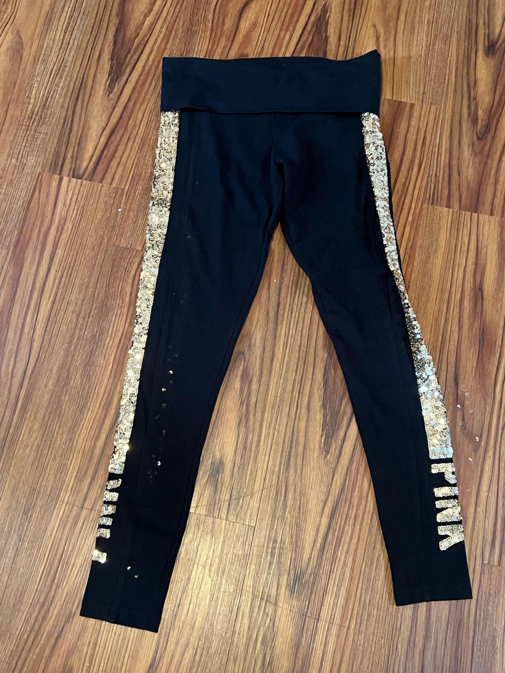 PINK Victoria's Secret Black Leggings with Gold Sequin Side Stripe